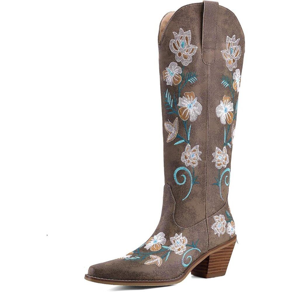 Women's Brown Cowboy Boots Knee High Floral Embroidered Western Boots Pull On